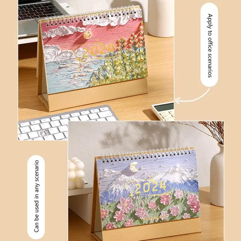 ปฏิทินโต๊ะพับได้ปฏิทินโต๊ะเล็กพร้อมการออกแบบภาพวาดสีน้ำมันแบบตั้งโต๊ะแบบกว้างตัวกำหนดตารางเวลารายเดือนบ้านส่วนตัว