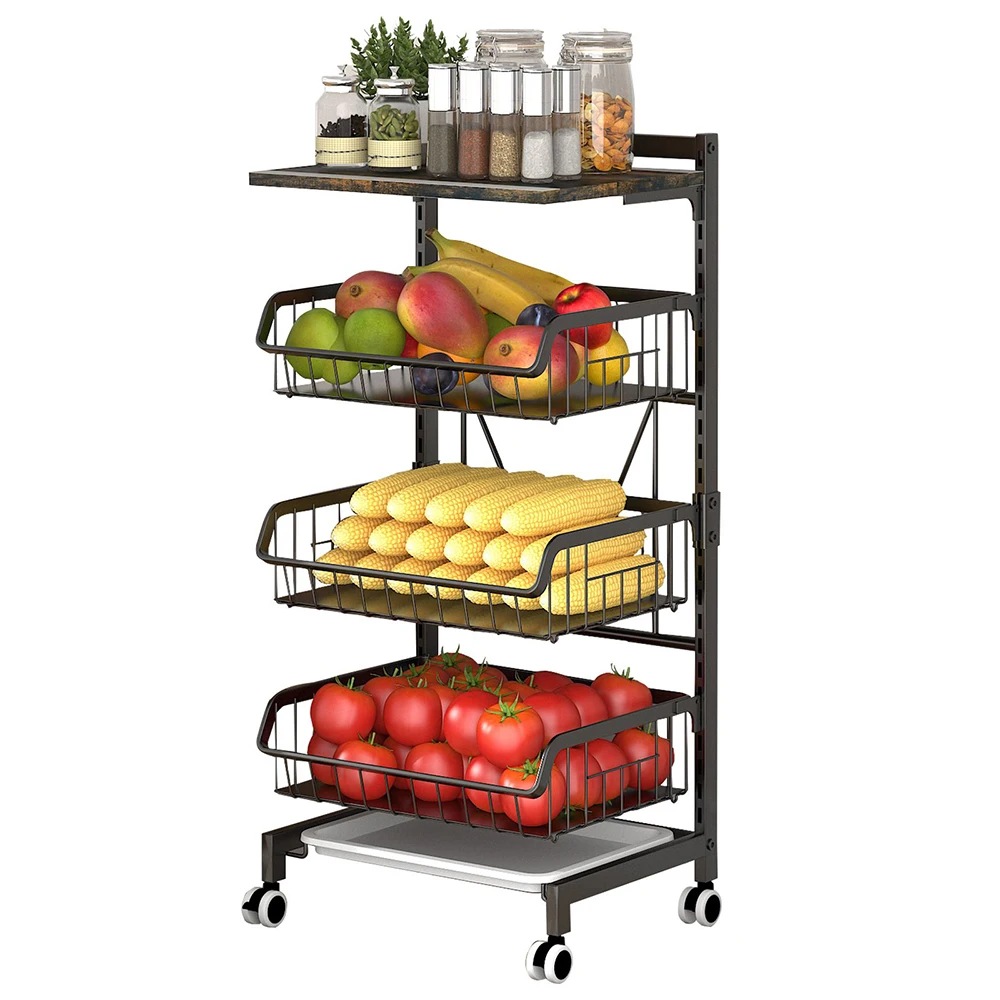 4-Tier Kitchen Carts on Wheels Adjustable Metal Large Capacity Fruit Vegetable Storage Basket for Kitchen Bathroom Living Room