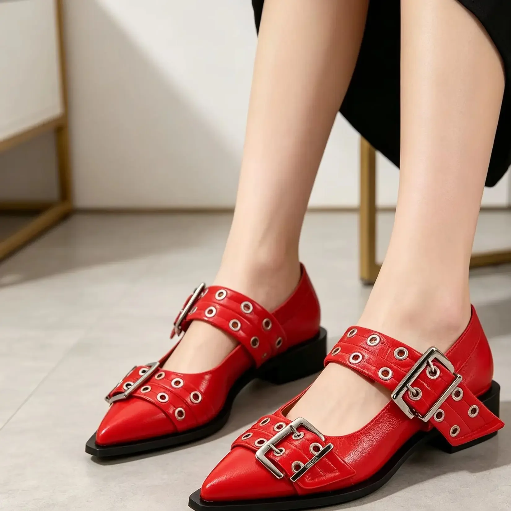 Rivet Eyelet Double Buckle Pointed Toe Slingback Flat Large Size Sandals Glossy Patent Punk Daily Street Casual Pumps Sexy Shoes