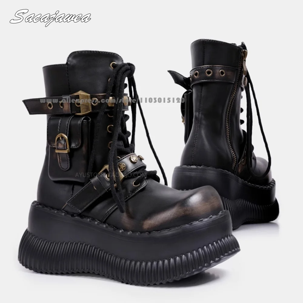 

Retro Metal Rivet Side Zip Thick Sole Motorcycle Boots Cow Split Leather Mid Calf Lady Boots Punk Style 6CM Heel Modren Boots