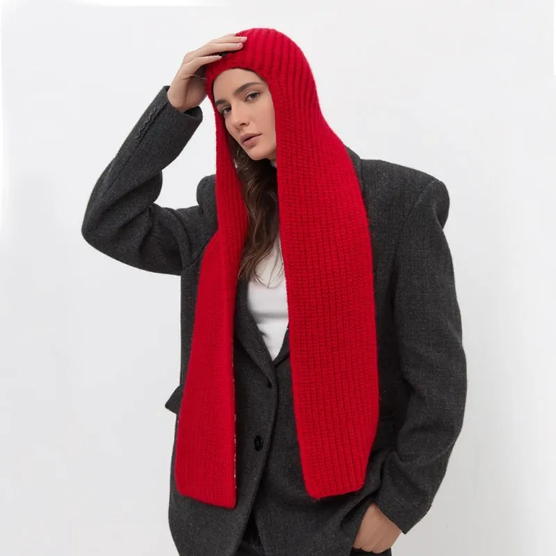 Women Long Knit Hooded Scarf Hat 2‑in‑One Ribbed Knit Hood Hat with Extended Scarf Panel Thermal Fashion Winter Street Headwear