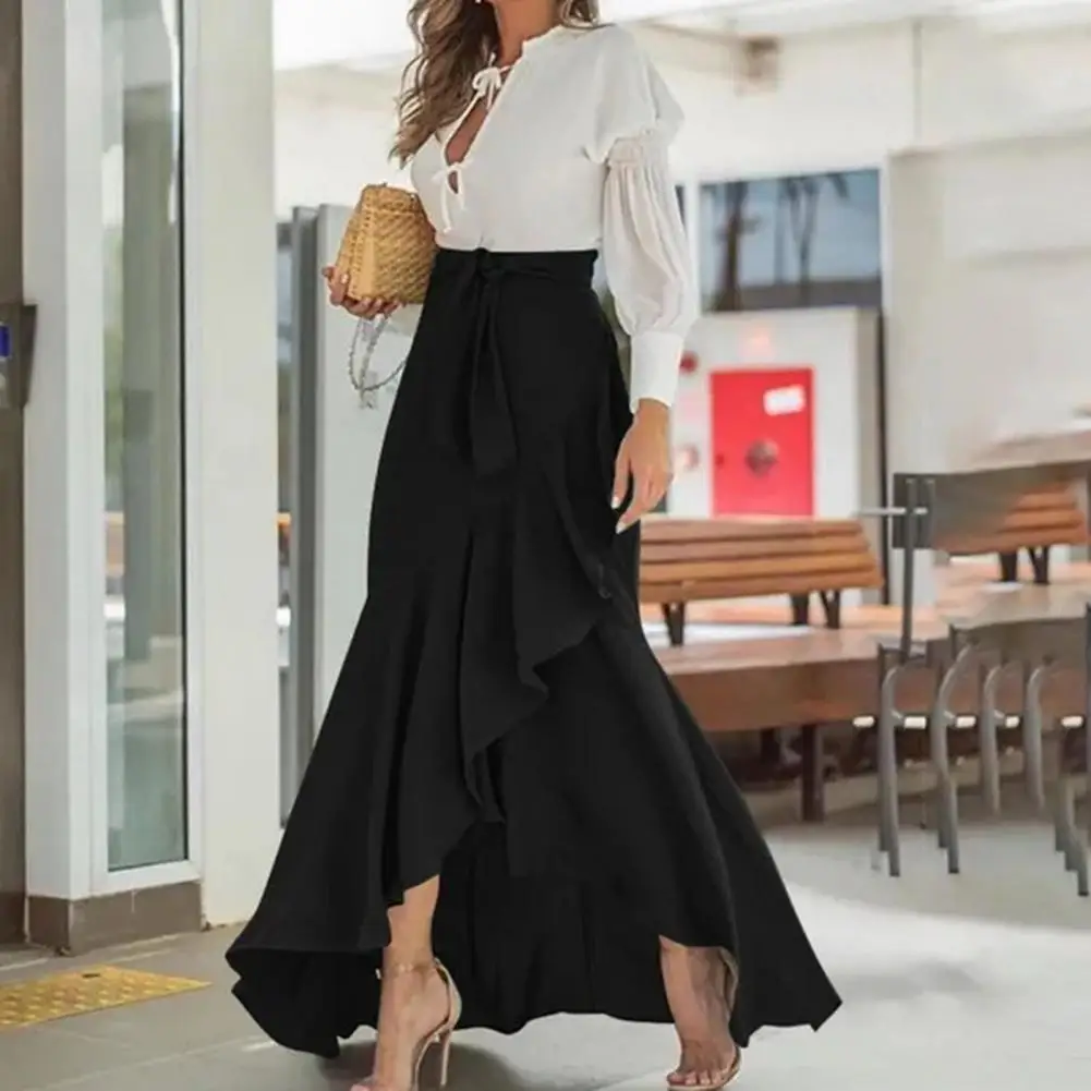 Women Summer Maxi Skirt Elegant Lace-up Ruffle Trim Maxi Skirt with Plaid Print Bow Tie Detail High Waist Irregular for Women