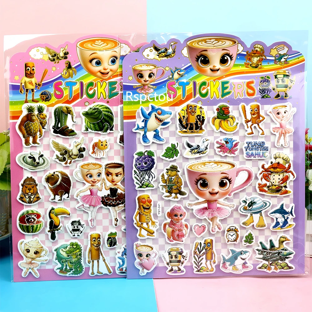 6pcs Tung Tung Sahur Meme 3D Bubble Puffy Stickers Italiaanse Brainrot Decals DIY Laptop Telefoon Dagboek Grappige Decoratie sticker