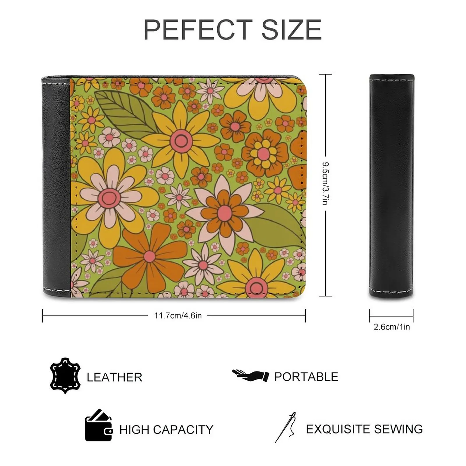 1960S 1970S Retro Floral In Green Pink & Orange Flower Power New Men Wallets Pu Leather Men Purse High Quality Male Wallet
