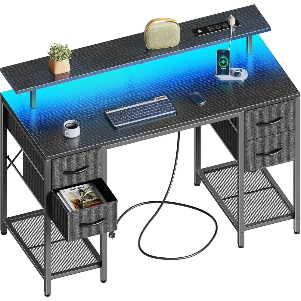 Computer Desk with 4 Drawers, Gaming Desk with LED Lights & Power Outlets, Home Office Desk with Large Storage Space