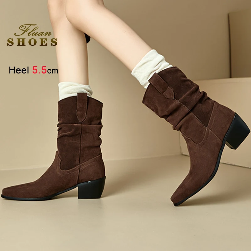 

Brown Autumn Winter Women's Fashion Boots Suede Pleated Mid-Calf Boots Slip-On Pointed Toe Female Boots Chunky Soled Short Boots