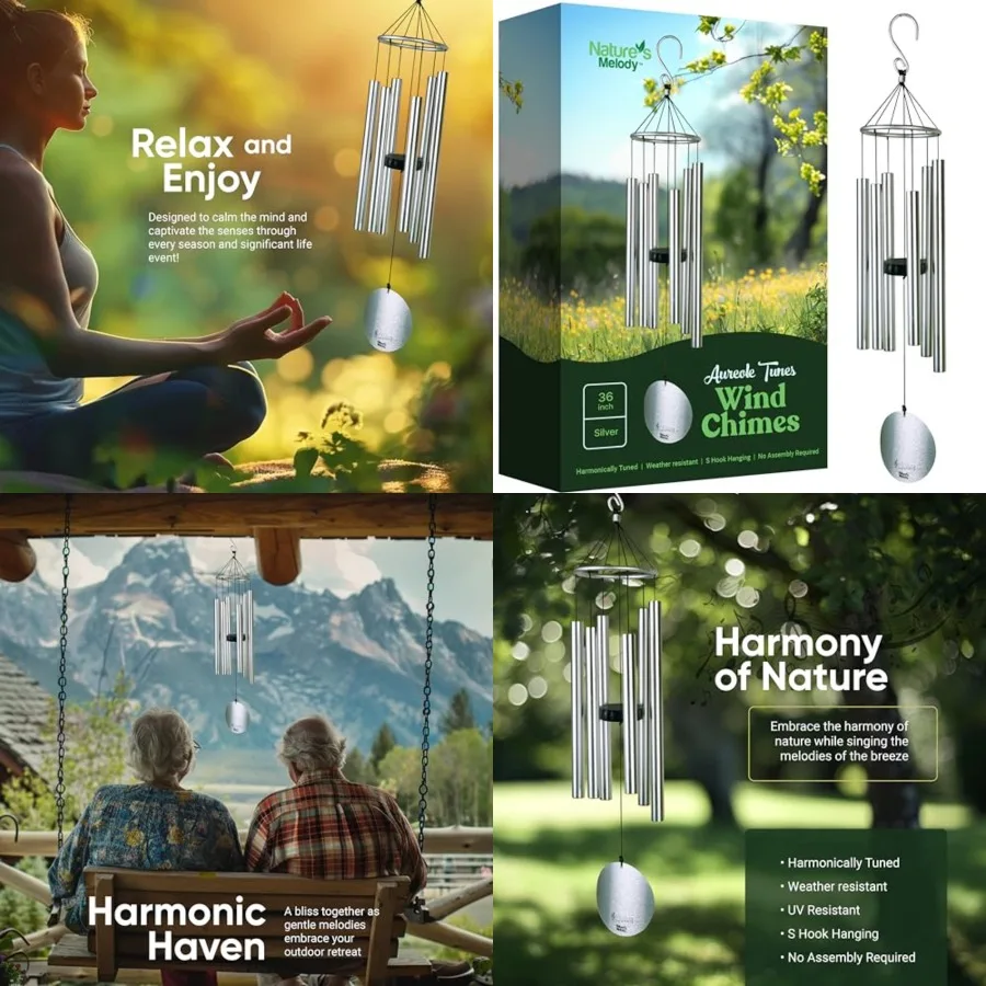 

Natures Melody Aureole Tunes Wind Chimes Outdoor Windchime with 6 Tubes Tuned to E Pentatonic Scale, 100 Rustproof Aluminum, Po
