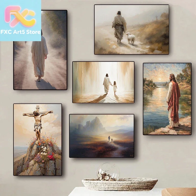 1 Stück rahmenloses modernes religiöses Retro-Poster mit Jesus Christus, dem Sohn Gottes, der auf dem Wasser läuft, Leinwandgemälde, Wandkunst, Bilder, Heimdekoration