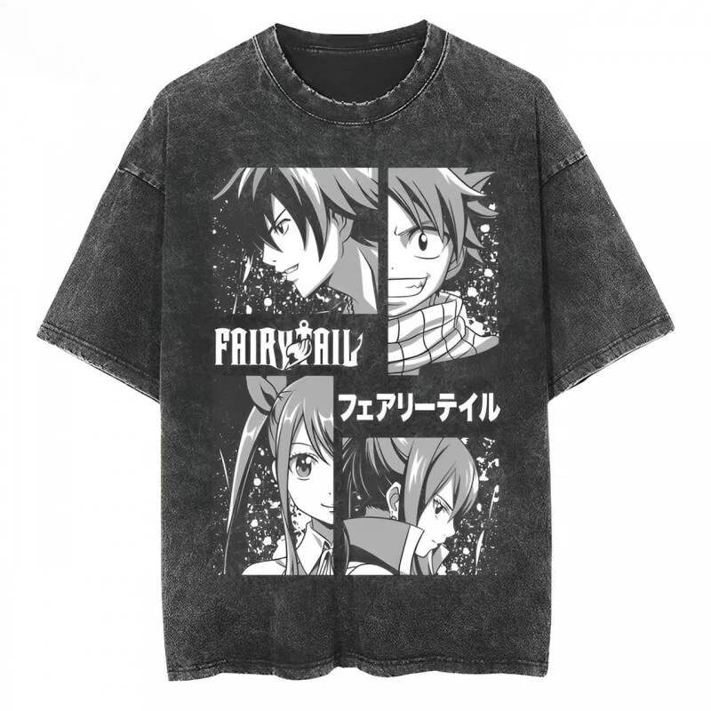 Summer New Fairy Tail Anime Printed Short-sleeved T-shirts for Men and Women Loose Retro Old Cotton Shirts for Couples