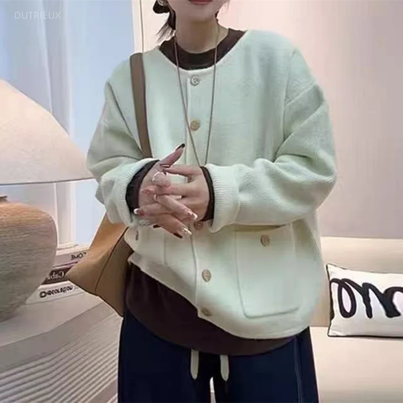 Autumn Winter Sweaters Women Tops Solid Pockets Thick Warm Cardigans Korean Fashion Simple Sweet Sueter De Mujer