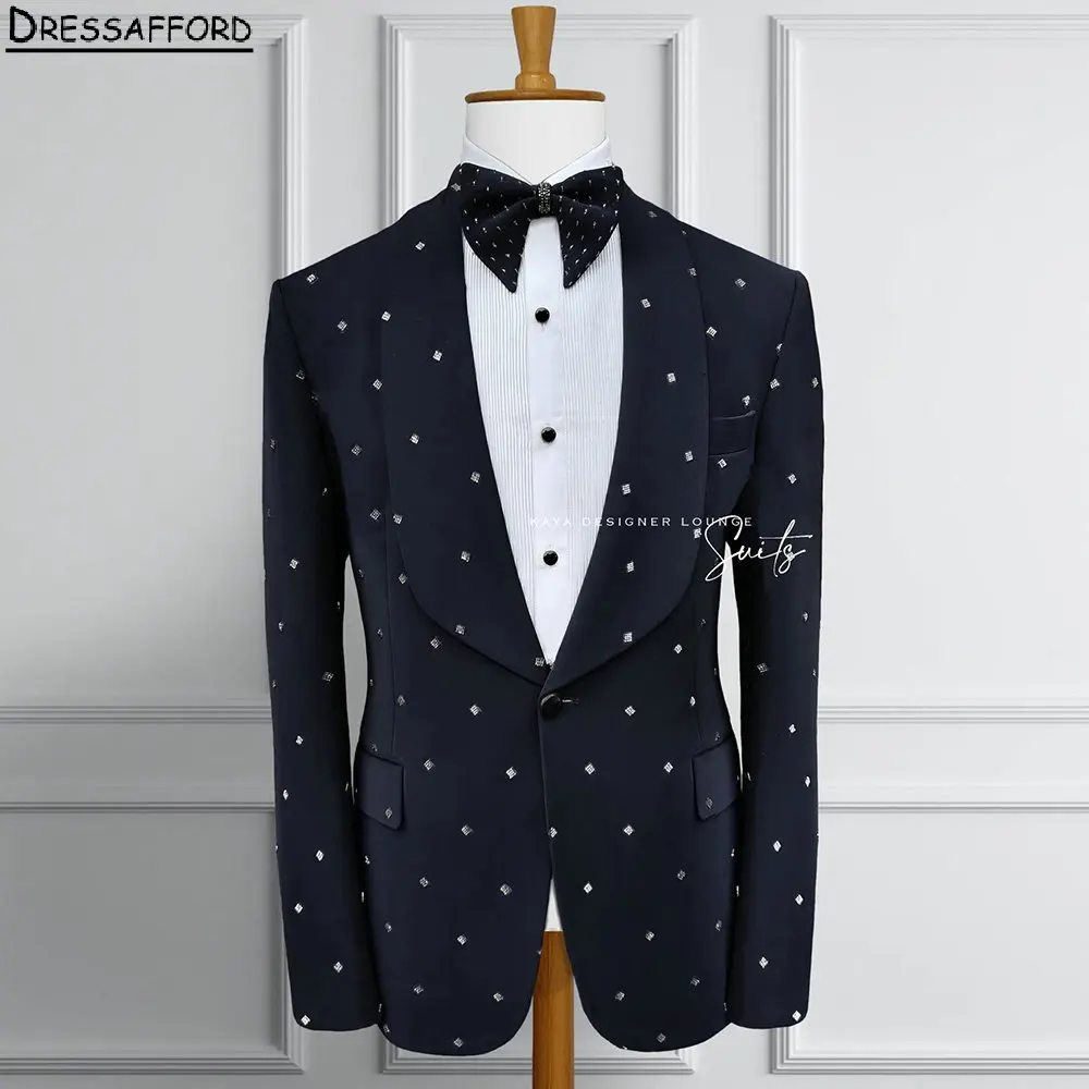 

Black Men Suits For Wedding Handmade Beading Groom Tuxedos 2 Pieces Jacket Pants Prom Blazers Customized