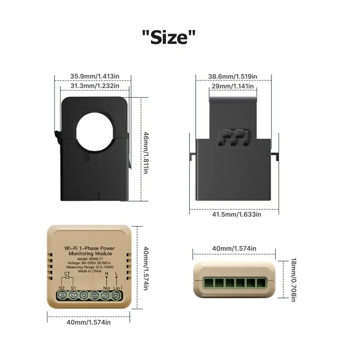 Tuya WiFi Smart 1-Phase Power Meter 100A Monitoring Module Bidirectional with Current Transformer Sensor Clamp