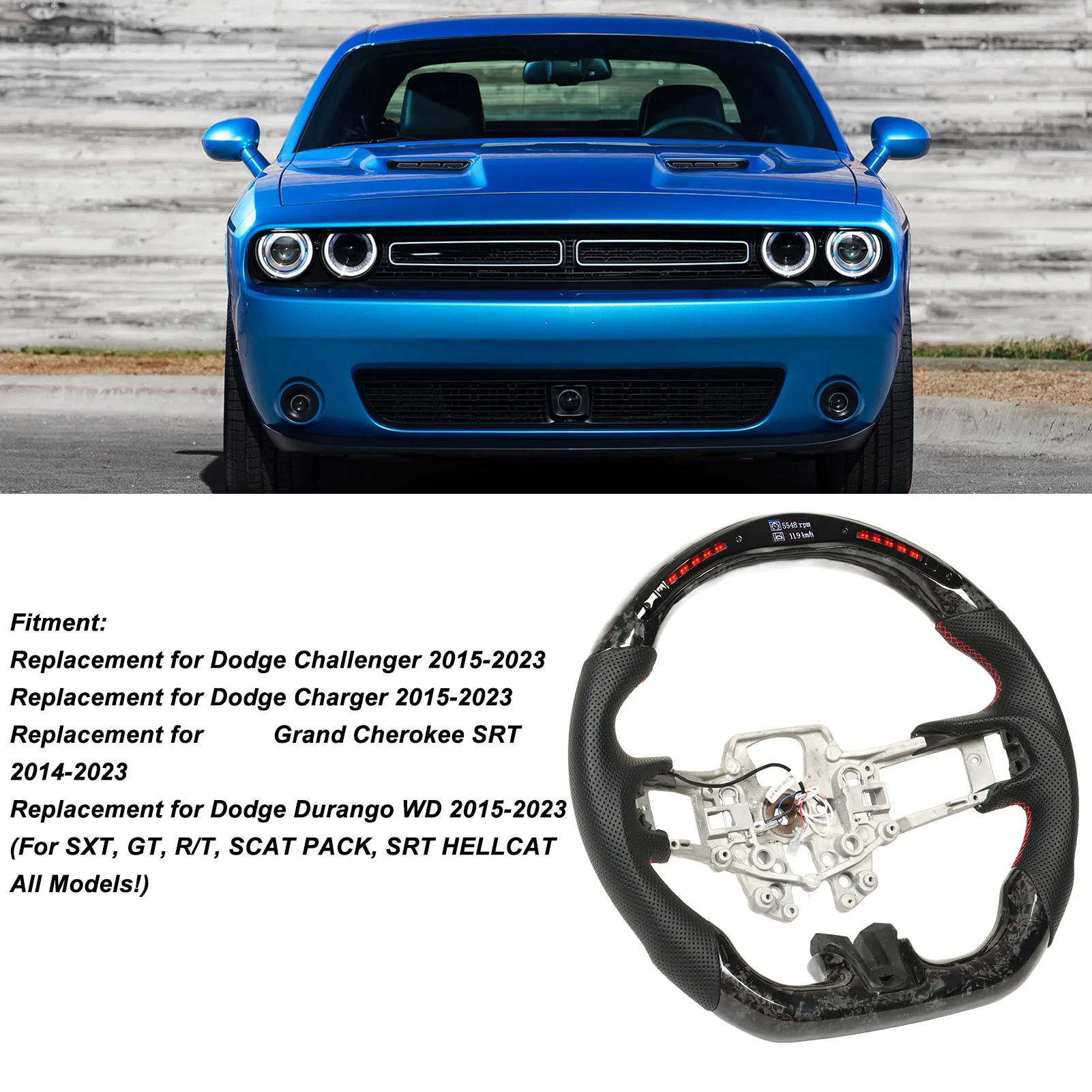 

Кованые карбоновые светодиодные фонари переключения передач, замена рулевого колеса для HELLCAT 2015-2023 светодиодный карбоновый руль