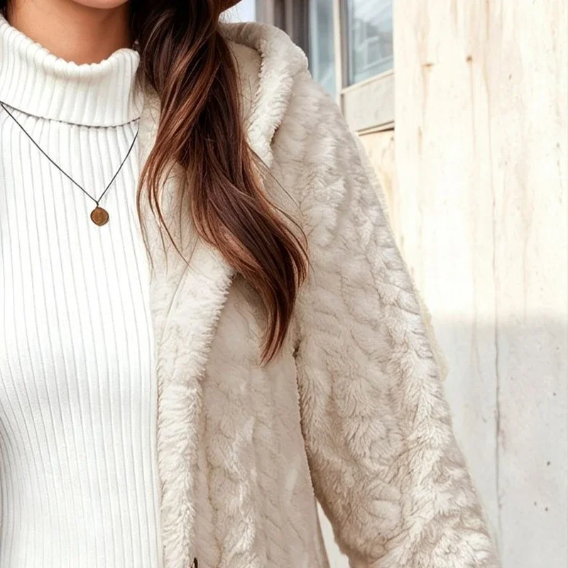 Fashion Women's Autumn Winter Warm Plush Hooded Coat Cardigan Casual Solid Long Sleeved Single-breasted Button Jacquard Jacket