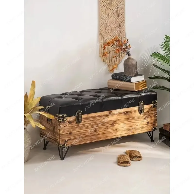XXStorage Stool Storage Stool Can Sit Solid Wood Stool Shoe Cabinet Shoe Test Leather Bedside Retro Shoe