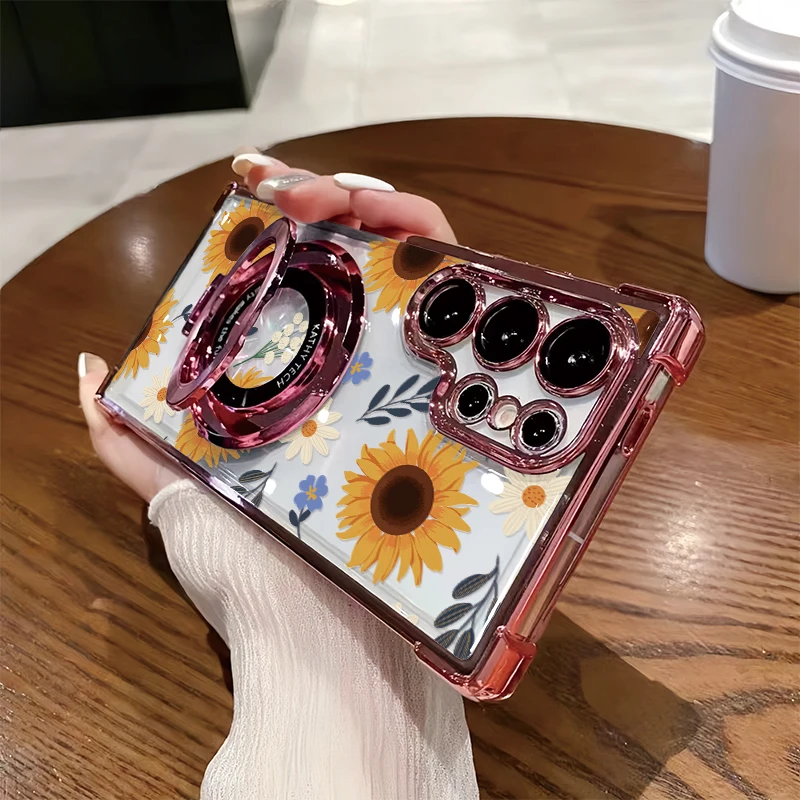 S26 Ultra Plating Shockproof Phone Case For Samsung Galaxy S25 FE S24 Plus S26 Edge S26+ Flower Floral Print Stand Holder Cover