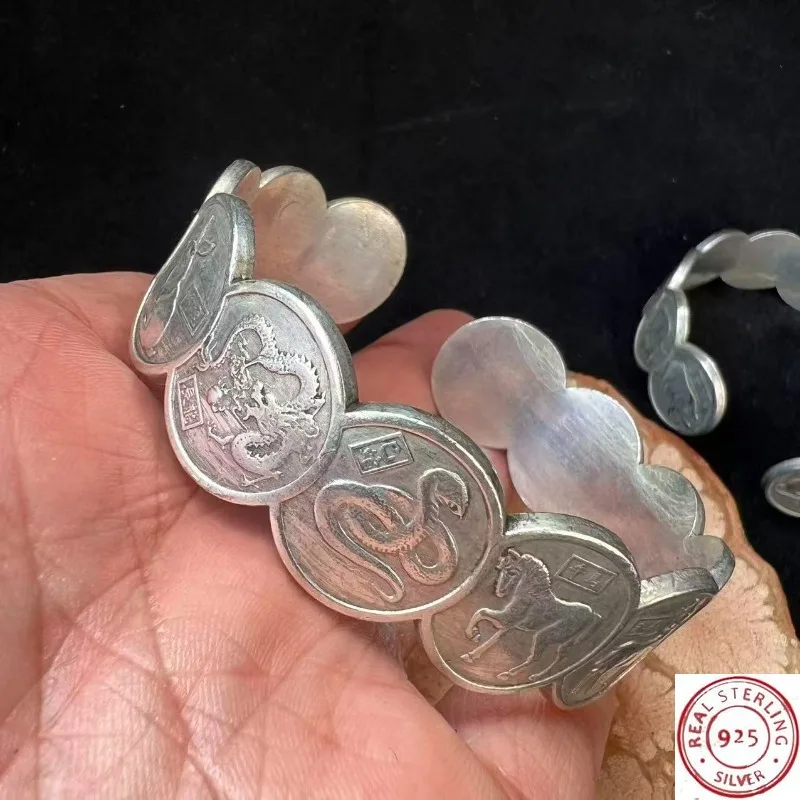 

925 Tibetan Silver Carved Bracelet, Classic Chinese Zodiac Ethnic Design, Ideal Holiday Gift for Friends