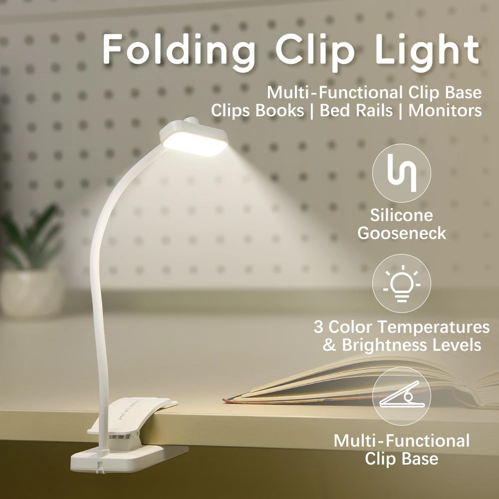 Rechargeable Clip Book Light Gift with Red Warm White Pink 3 Lighting Modes Flexible Gooseneck Eye-Care Clip Lamp Bedroom
