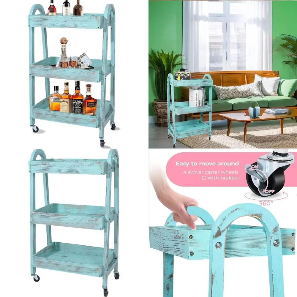 

Трехуровневая деревянная тележка на колесах - органайзер-тележка для хранения для кухни, офиса, детской комнаты в ретро-синем цвете
