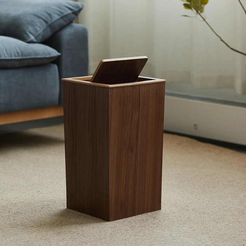 FlipTop Wood Grain Trash Can  Minimalist Kitchen and Bedroom Waste Bin with Cover RecyclingFriendly Sleek Modern Design