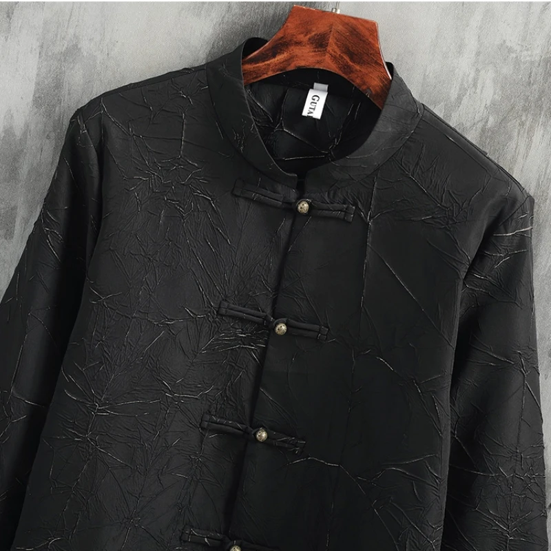 Chinese Traditional Dress Embossed Jacquard Vintage Jacket Man Plus Size Black Casual Coat National Style Tops Men Clothing