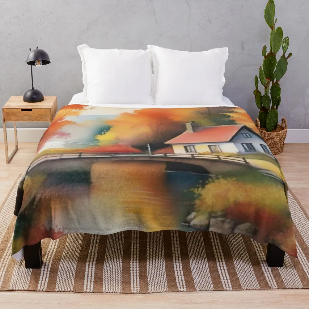 Autumn Riverside Home Painting . Serene Sunset Reflection Throw Blanket Vintage Bed covers Retros decorative Blankets