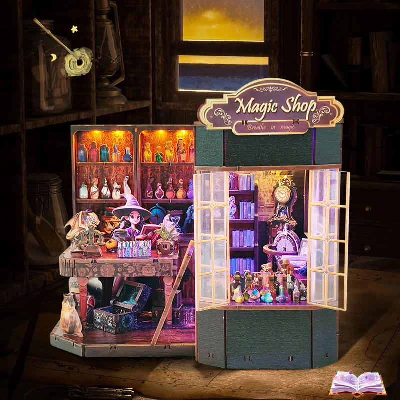 Kit de modelo en miniatura de madera DIY, tienda de magia, Casa, casas de muñecas, rompecabezas 3D, casa de muñecas con muebles, luces para amigos, regalos de cumpleaños