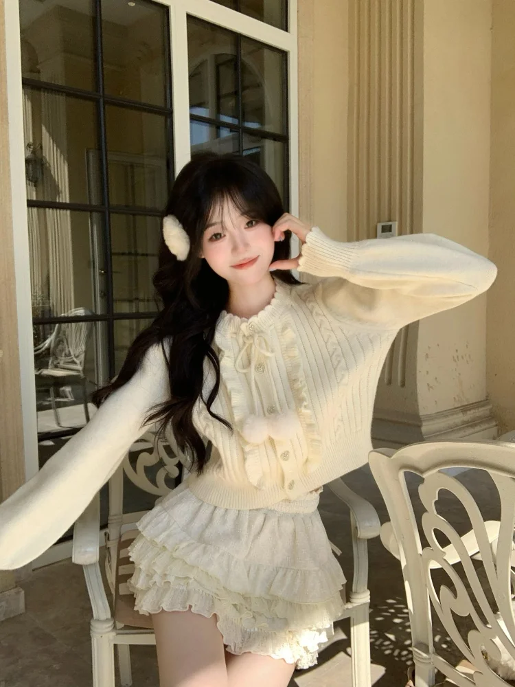 

Twisted Knitted Cardigan Women Korean Sweet Lace Up O Neck Short Sweater Autumn Winter Long Sleeve Rop Top