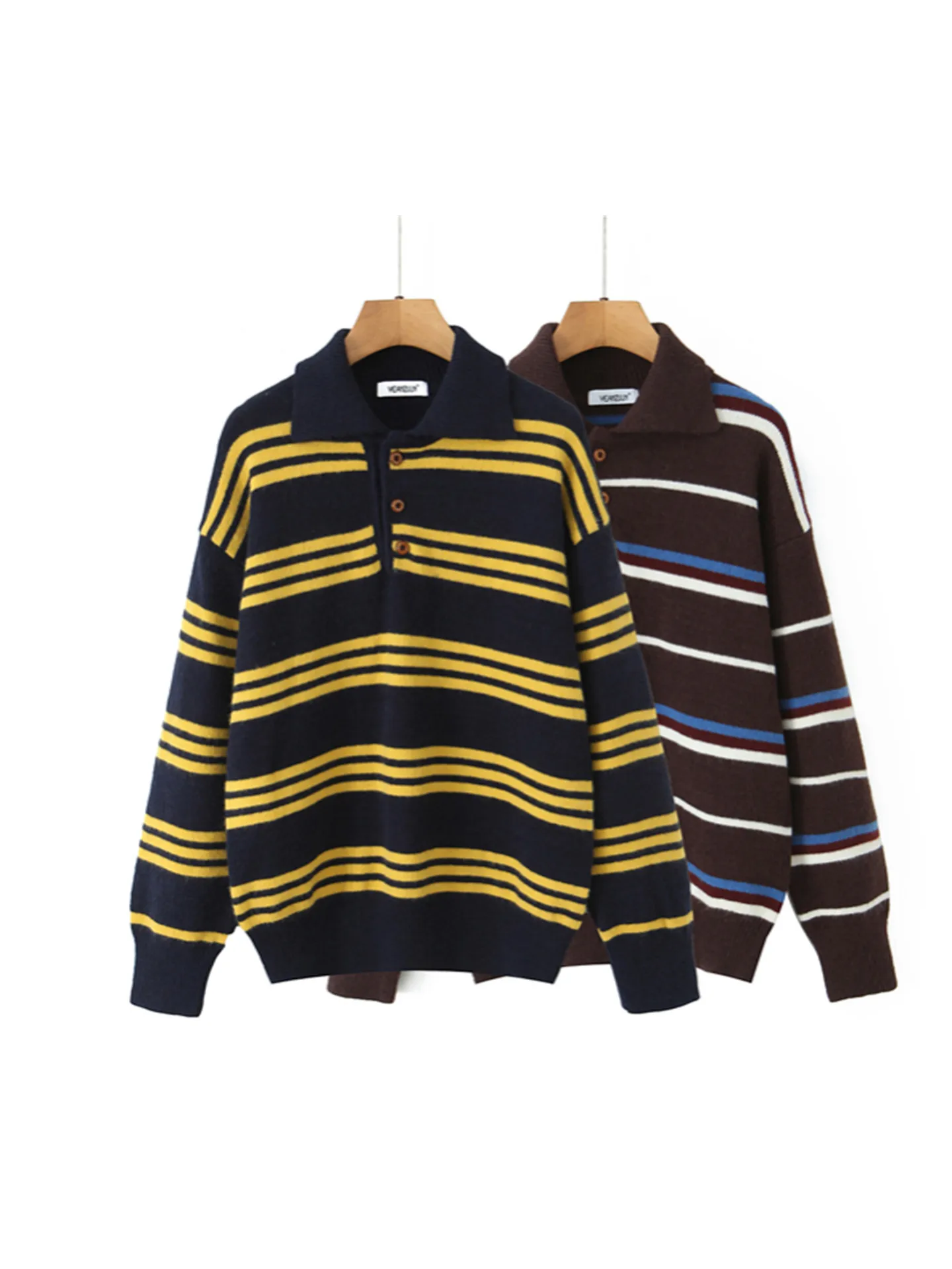 Retro American College Sle Gestreepte Lazy Faionable Knitwear Casual losse Koreaanse Sle Sweater Turn-down kraag Warmte