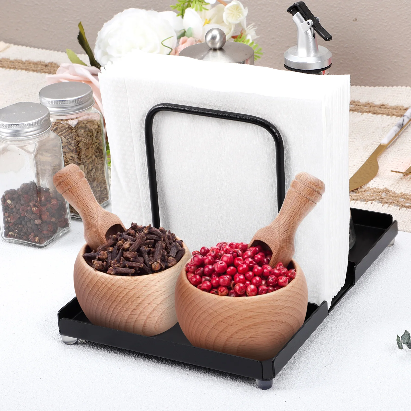 

Kitchen Storage Napkin Holder Aluminum Black Multi Condiment Caddy Shelf Spice ganizer Counter Centerpiece Decor