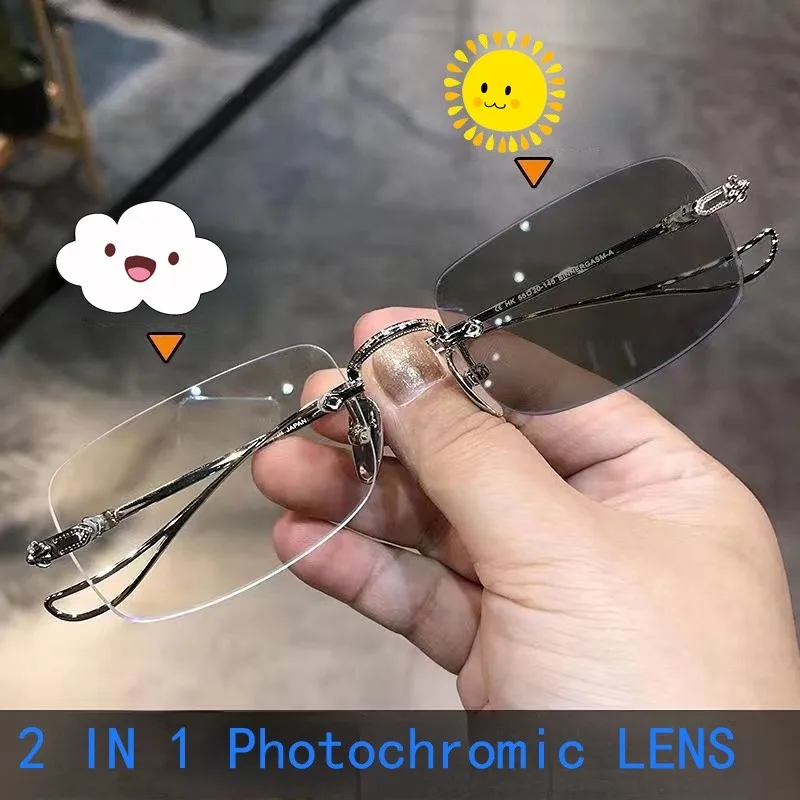 Photochrome Anti-Strahlen-Brille ohne Rahmen für Damen und Herren, randlose Sonnenbrille, Anti-Blaulicht-Brille, 2 in 1