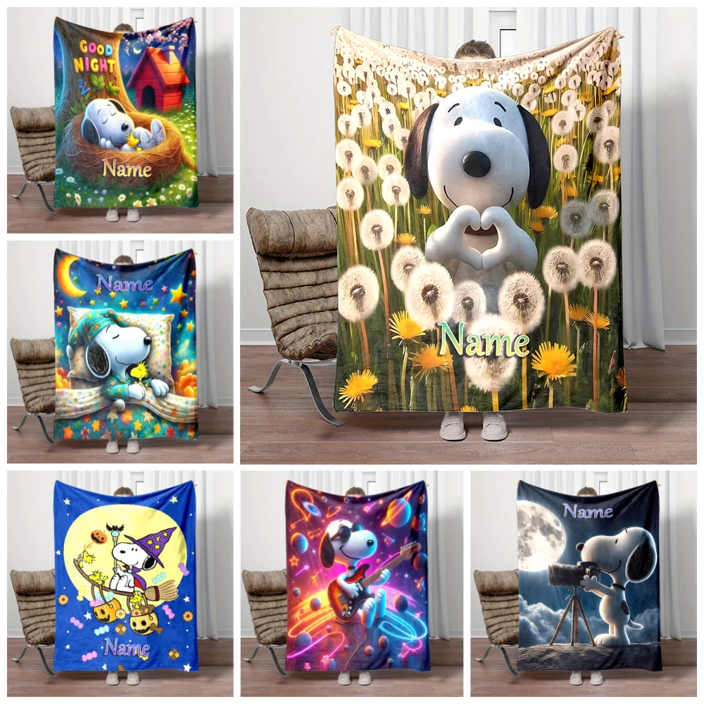 Customized Name Personalized Blanket Cartoon Snoopy Cute Children Warm Soft Blankets Home Travel and Comfortable Blanket Omori