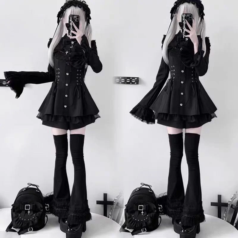 

Japanese Lolita Two Pieces Set Harajuku Vintage Patchwork Lace Bandage Blouse Women Y2k Aesthetic Grunge Fairy Mini Skirts Suit