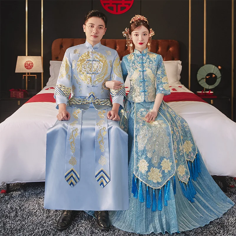 

Embroidered Peacock Chinese Style Sequins Wedding Dress Cheongsam Marriage Suit Oriental Bride Clothing Vintage Qipao