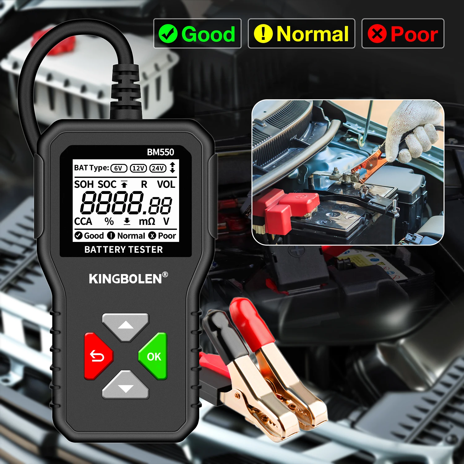 킹볼렌 BM550 자동차 배터리 테스터 OBD2 6V 12V 24V 100-2000 CCA 2Ah-220Ah 배터리 시스템 감지 자동 배터리 분석기 자동차 진단기