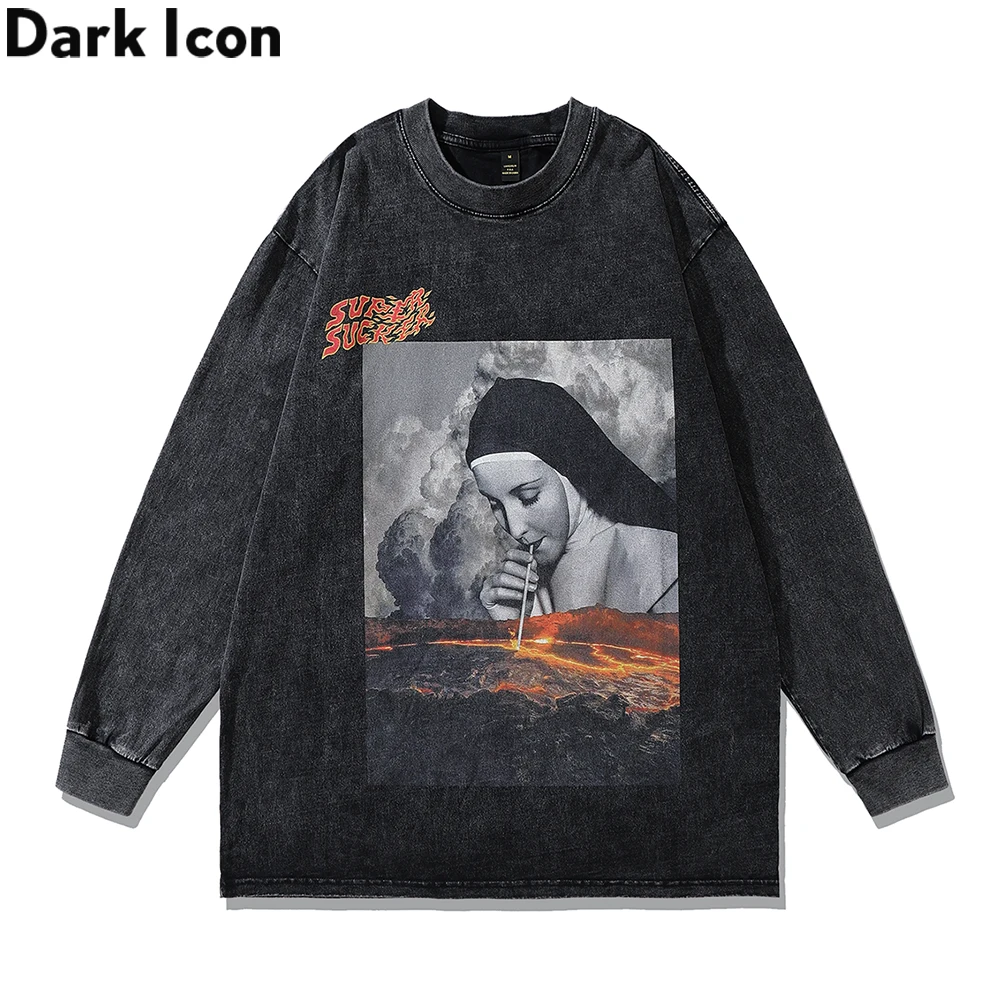 

Dark Icon Printed High Street Men's T-shirt Long Sleeve Autumn Washed Cotton Tee Shirts for Man