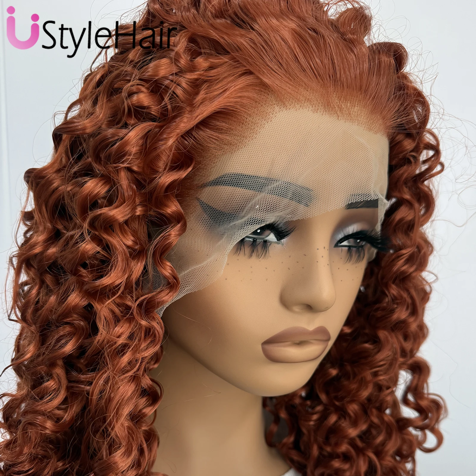 UStyleHair Wig Keriting Panjang Merah Tembaga 13X4 Wig Depan Renda Sintetis Tanpa Lem untuk Wanita Cosplay Pakaian Sehari-hari Serat Tahan Panas