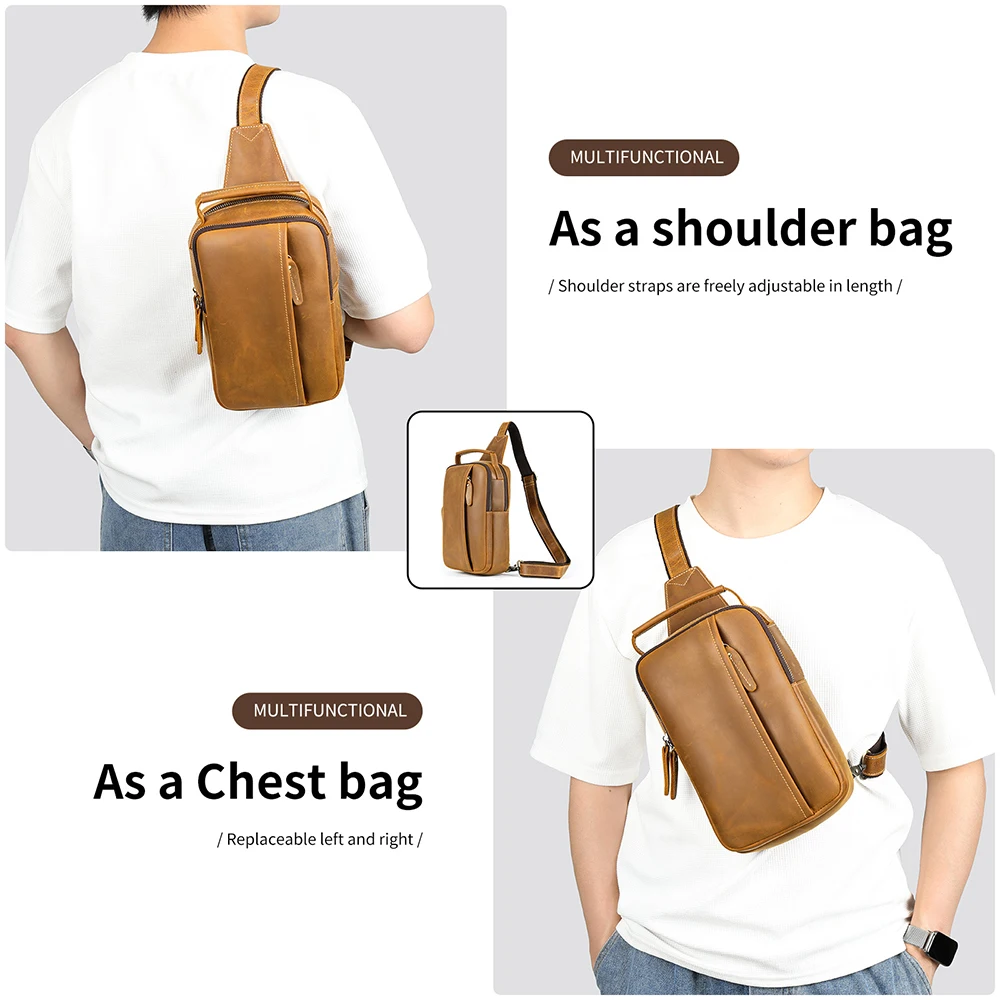 Men's genuine leather chest bag, cowhide chest bag, fashionable shoulder bag, and shoulder bag