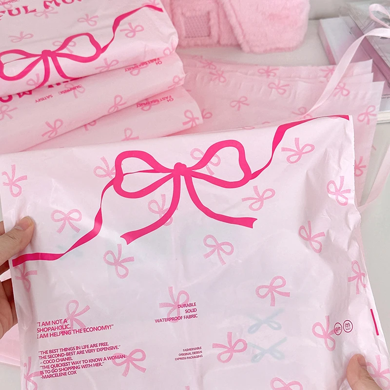 Plastic Pink Courier Postal Bag Cute Bow Prinitng Clothes Mailer Storage Packaging Bag Gifts Shoes Express Transport Pouch