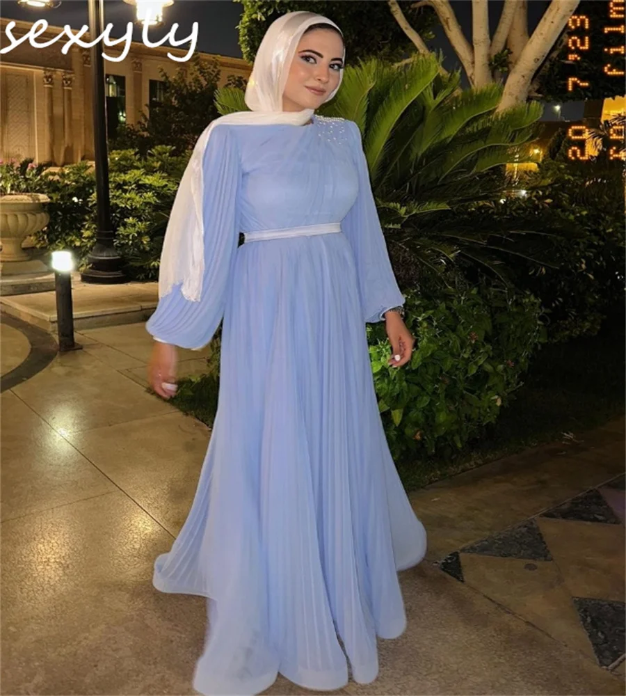 Princess Blue Muslim Evening Dress With Beaded Puff Sleeve Saudi Arabic Prom Dresses Plus Size Formal Party Gowns Customized