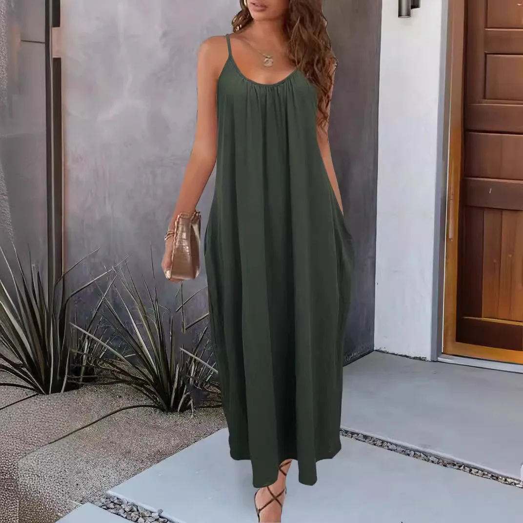 Dresses Spring Summer Basics Daily Folds Plain Sleeveless Scoop Neck Maxi Cami Vacation Dresses For Women
