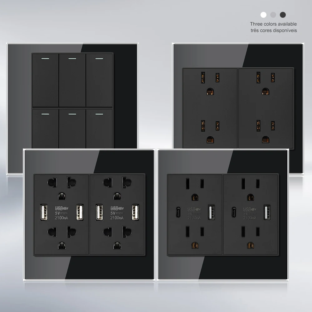 VISWE Double Plug America Universal power outlet with usb type-c charger,120*120mm Glass Panel, Wall Socket and Switch Light