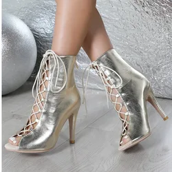 2025 High Quality Soft  Lace-up Silver Boot Shoes Slipery Sole Customizable For Latin Dancing Street Sexy Stilettos Booties