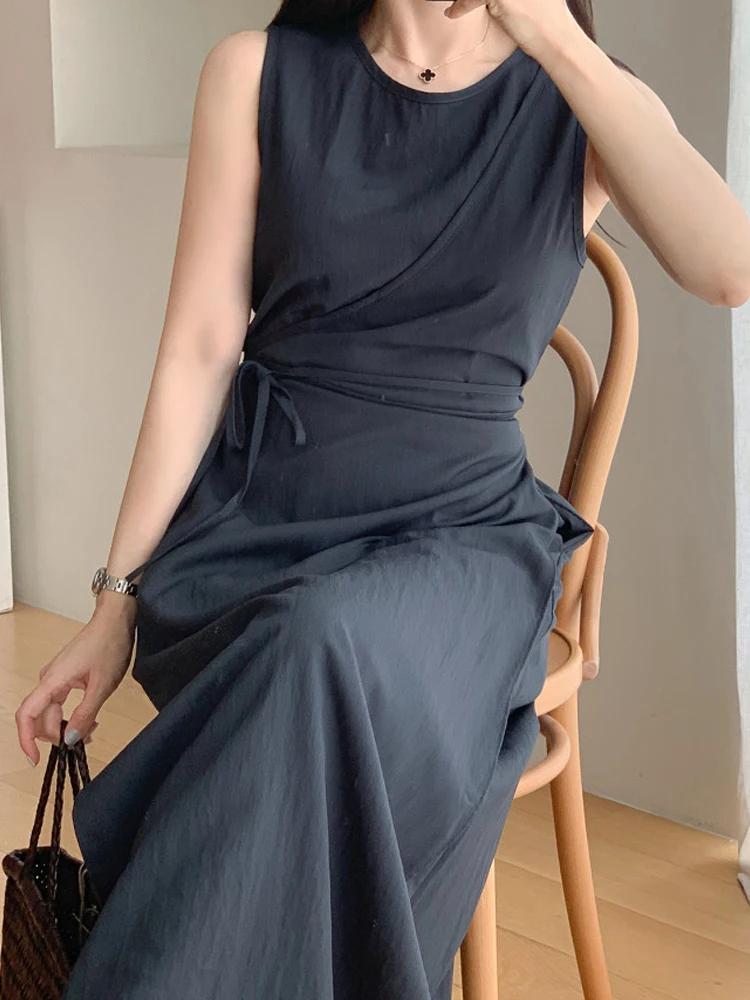 Vestido e sin mangas con cuello redondo y cintura ceñida para mujer, vestido largo de verano de cintura alta, corte en...
