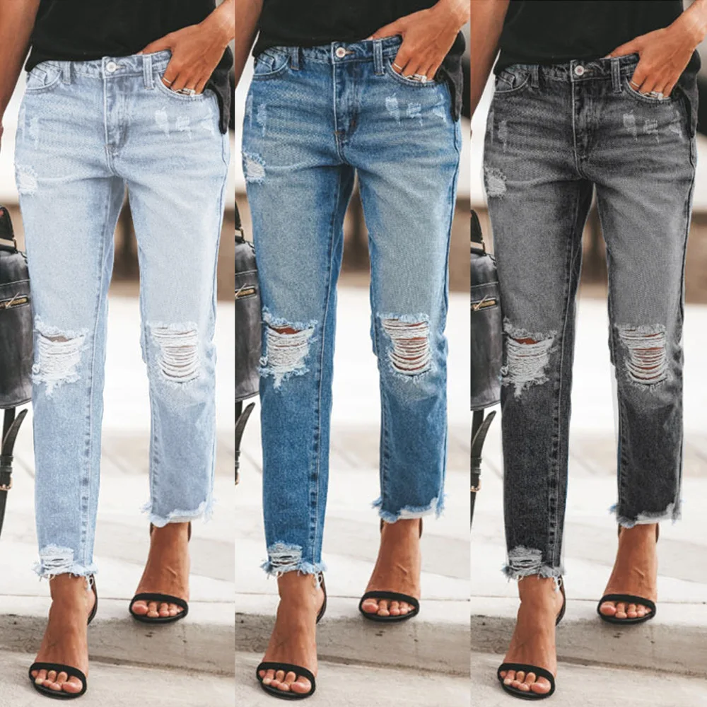 

2024 summer new denim style ripped pants wish internet famous women's casual pants