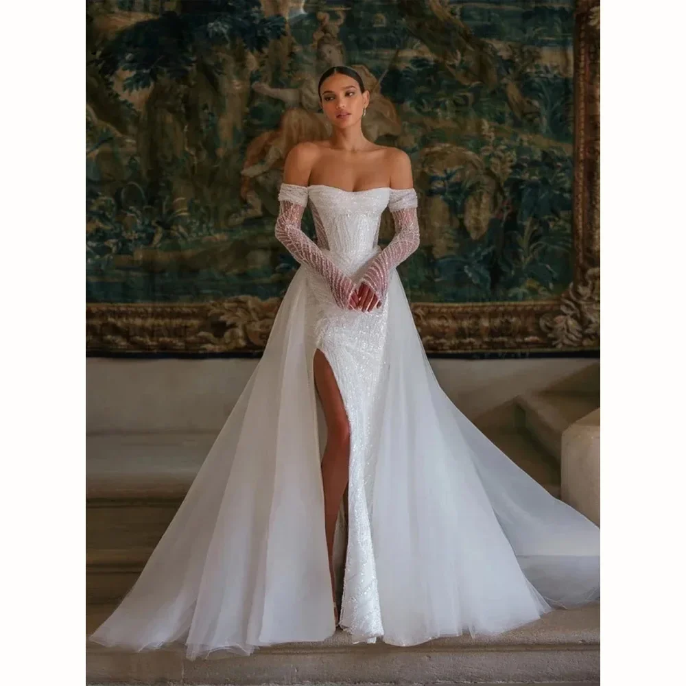 Customized  Gorgeous Off Shoulder Mermaid  Wedding Dress Beaded High Split Long Sleeve Bridal Gown Detachable Train Bride Dress