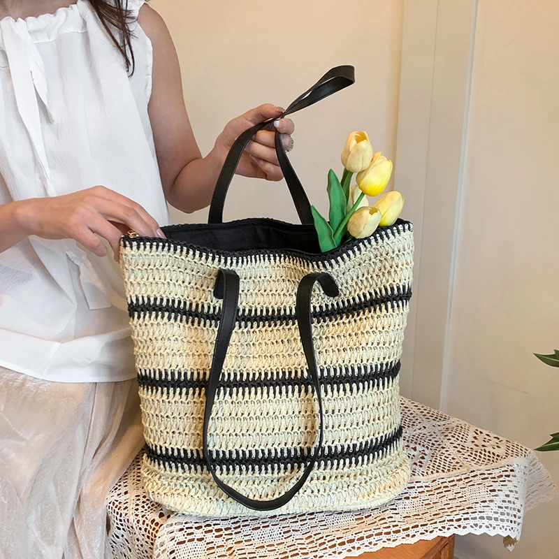 

Летняя большая вместительная женская сумка с новым узором, модная женская сумка на плечо в полоску, соломенная тканая пляжная сумка ручной работы с травой