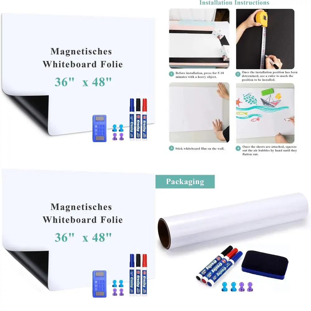 

Magnetic Dry Erase Whiteboard Roll, 36 x 48, Easy Install for Home, Office, Kids' Use with Marker & Eraser