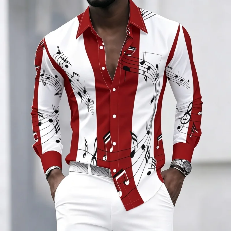 Men's collared shirt with creative musical note print, trendy long-sleeved casual top for everyday wear, dates, and outings. view 2