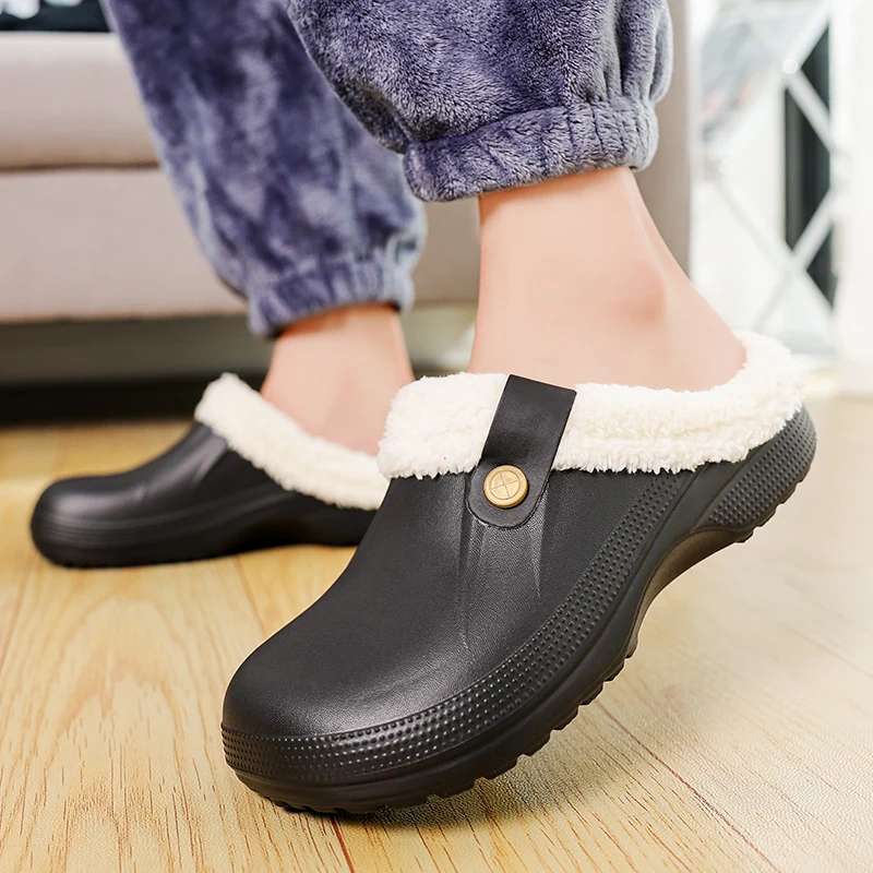 Winter Men Women Slippers Waterproof Platform Warm Furry Wrapped Slippers Fluffy Indoor Home Cotton Shoes Fur Slides Plush Clogs